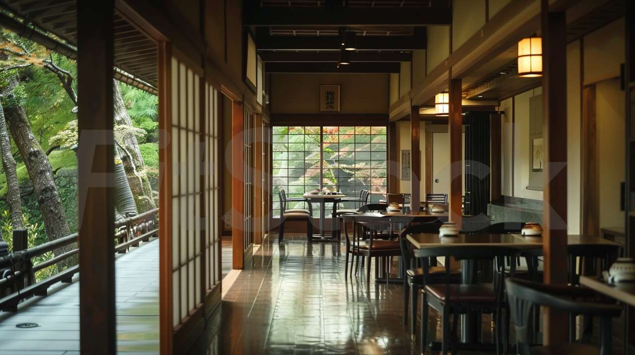 日本庭園を望む伝統的な和風レストランの室内