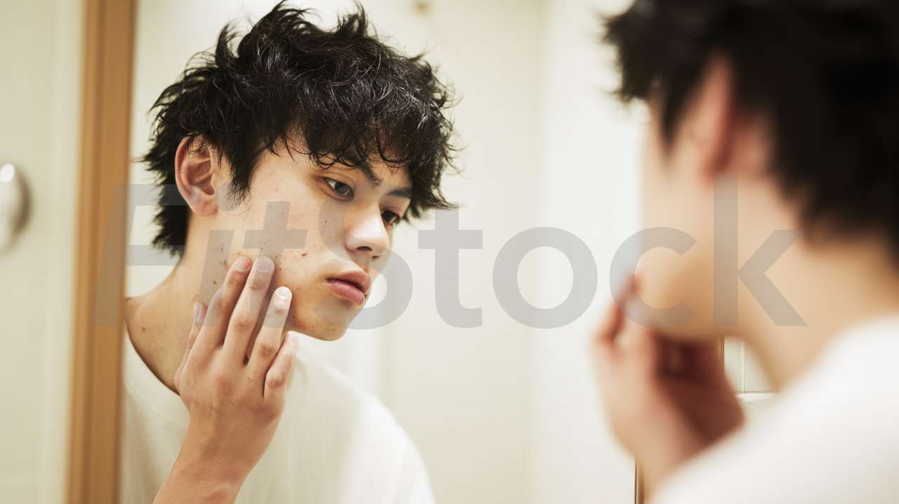 鏡を見て肌の状態を確認する若い男性