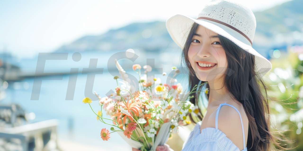 海辺で花束を持つ笑顔の女性