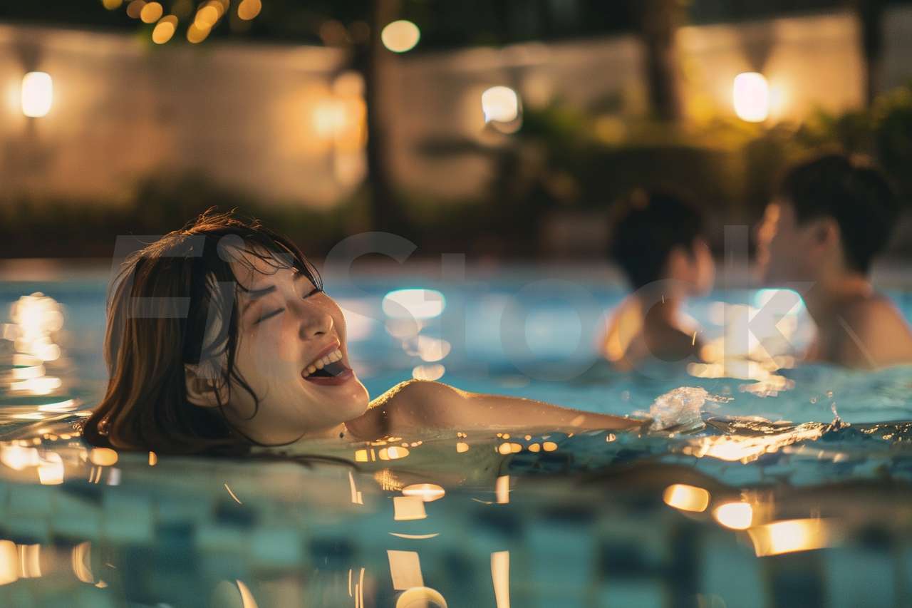 夜のプールで楽しむ女性