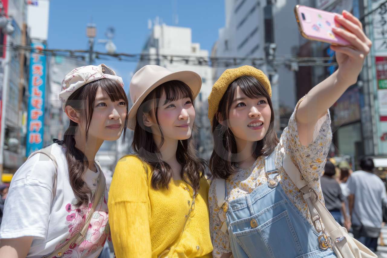 都会の街角で自撮りを楽しむ3人の女性
