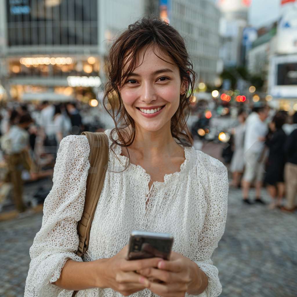 渋谷の街でスマホを持つ笑顔の女性