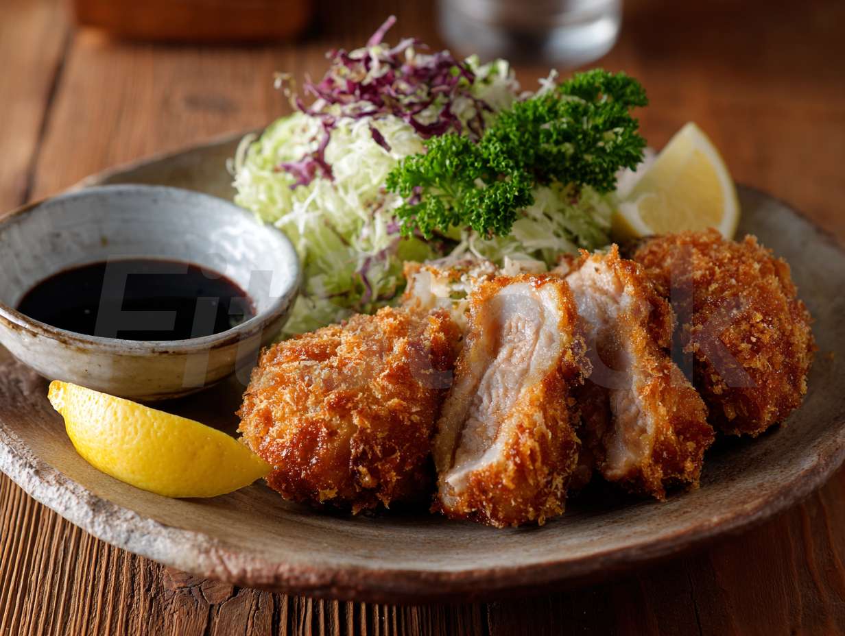 盛り付けられた美味しそうな豚カツとサラダのプレート