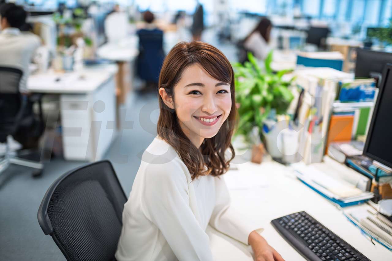 オフィスで働く笑顔の日本人女性