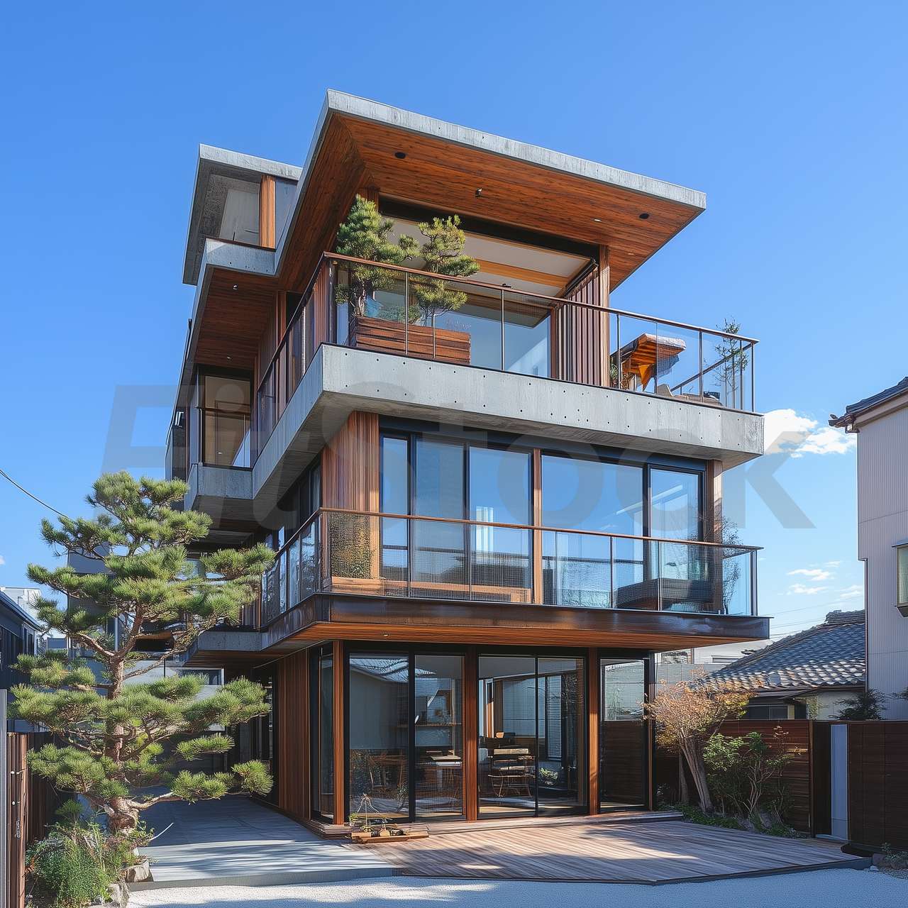 モダンなコンクリートと木材の三階建て住宅