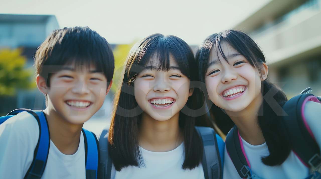 笑顔で登校する中学生の男女