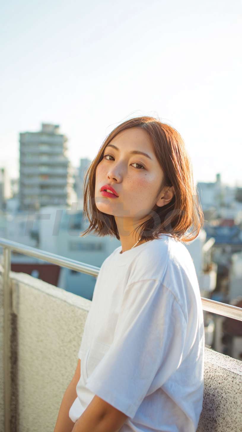 バルコニーでリラックスする自然体な若い女性