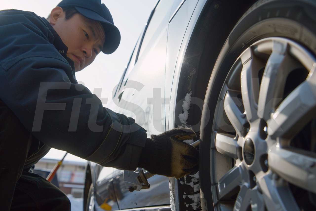 冬の雪道で車のタイヤを点検する整備士