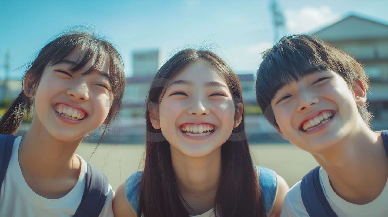笑顔で寄り添う3人の学生たち
