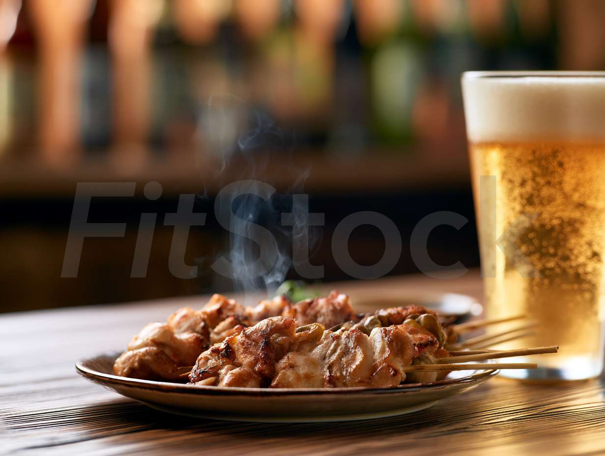 湯気が立つ焼き鳥と冷えたビール