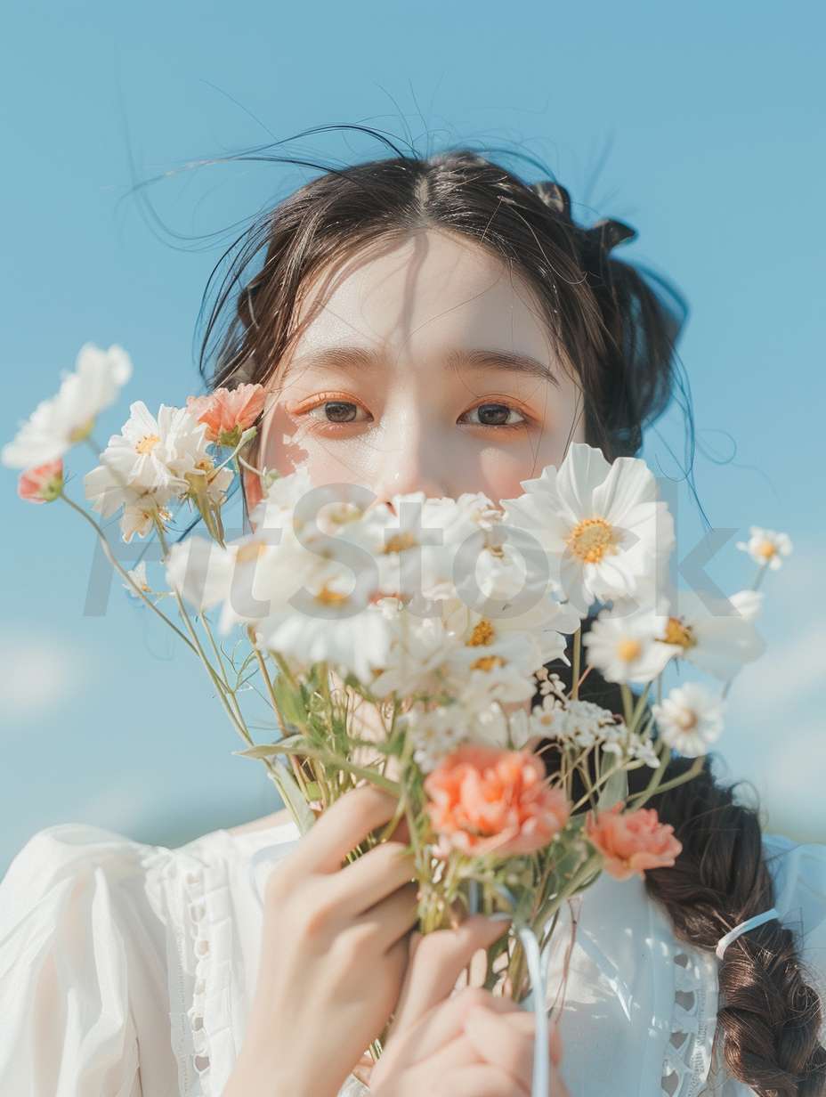 花束を顔に添える美しい女性のポートレート