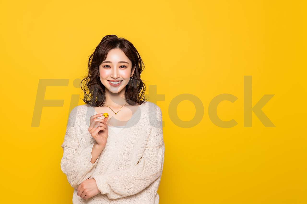 黄色の背景で笑顔を見せる若い女性のポートレート