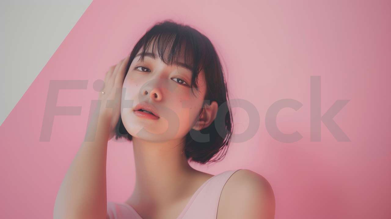 ピンクの背景に佇む美しい女性のポートレート