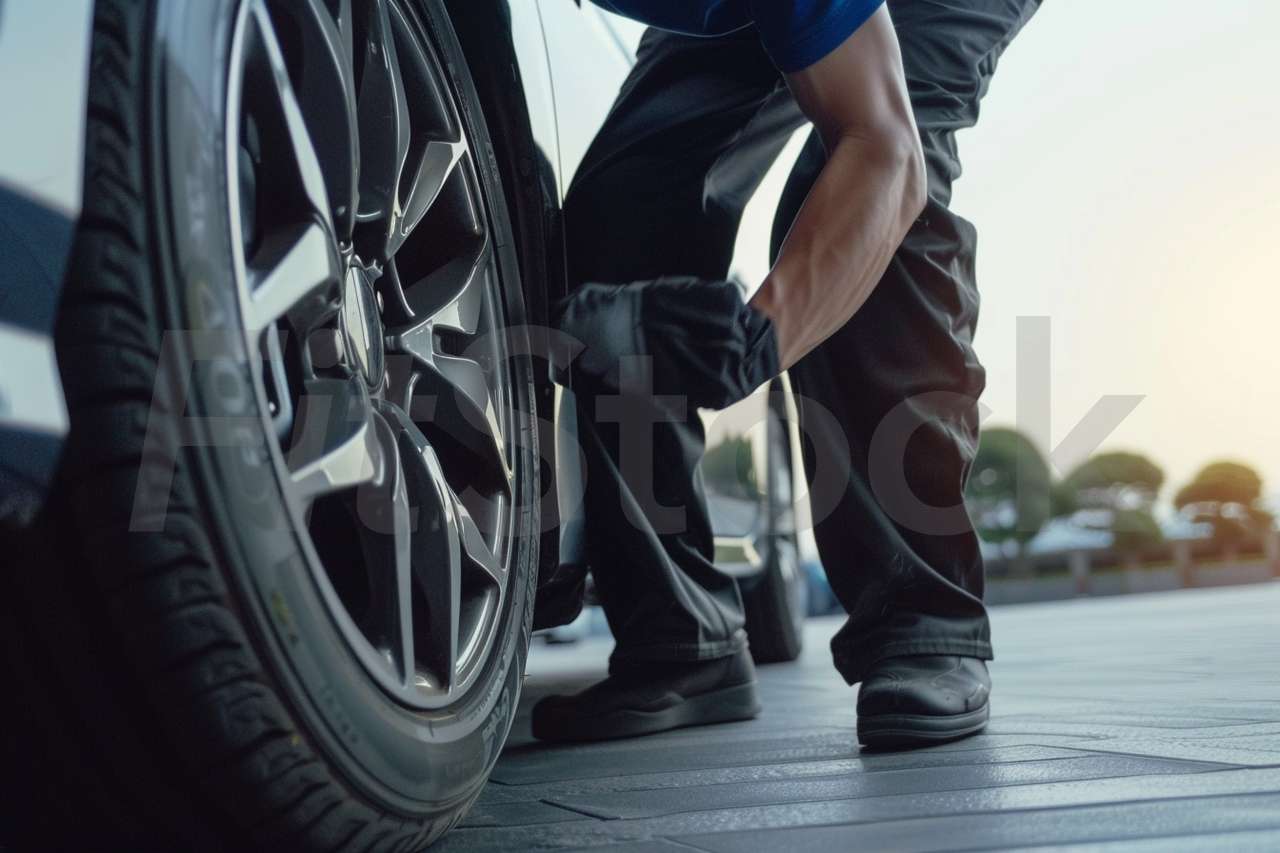 車のタイヤを点検する整備士