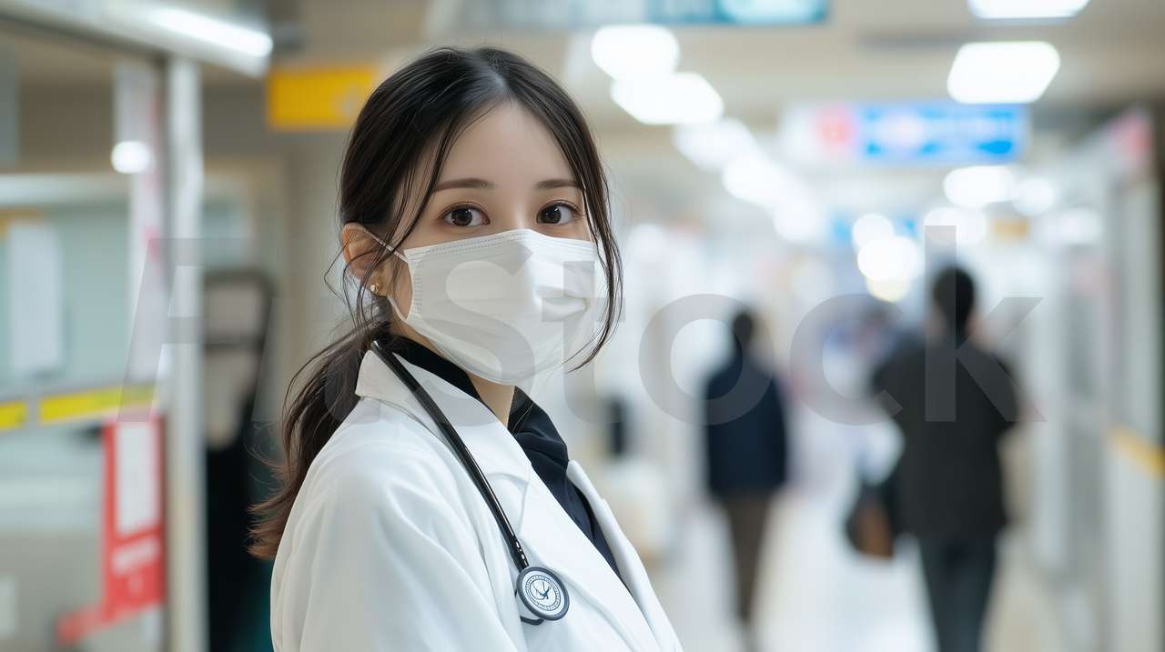 病院の廊下で働く女性医師