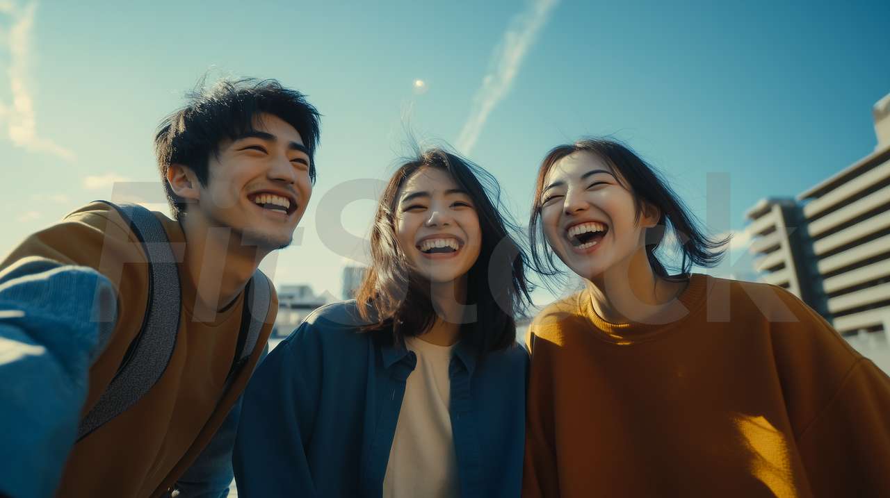 青空の下で笑い合う幸せな若者たち