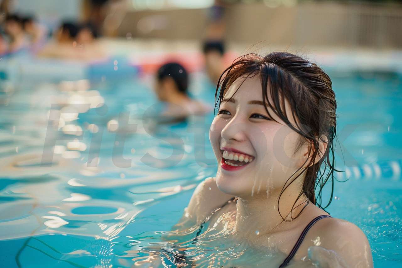 プールで笑顔を見せる若い女性
