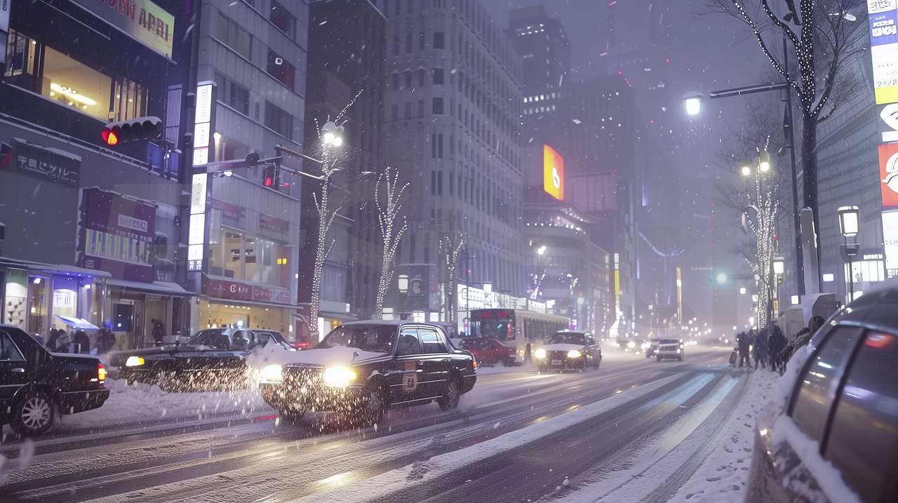 雪の降る夜の都会の街並み