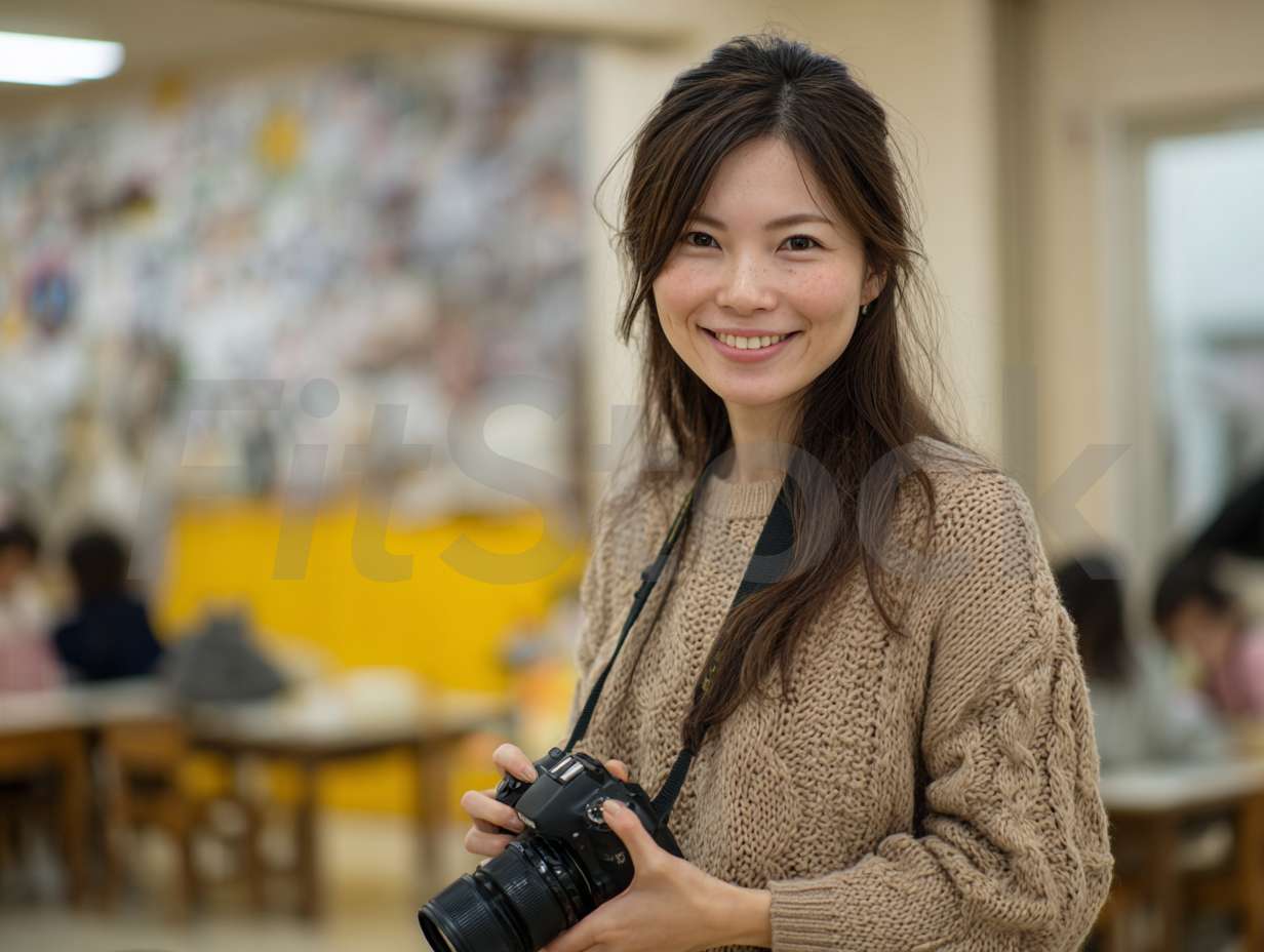 カメラを持って微笑む女性