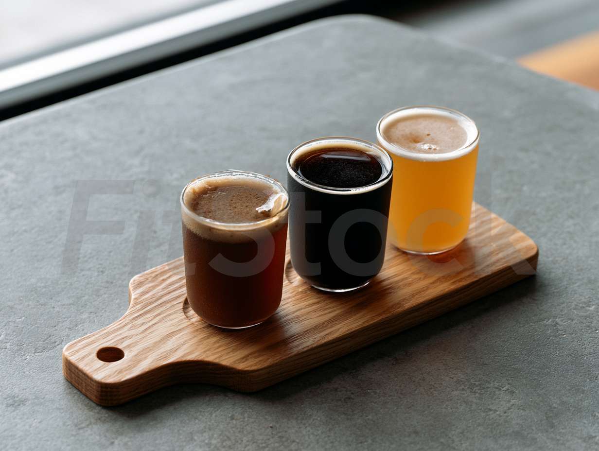 木製ボードに乗った3種類のビールテイスティングセット