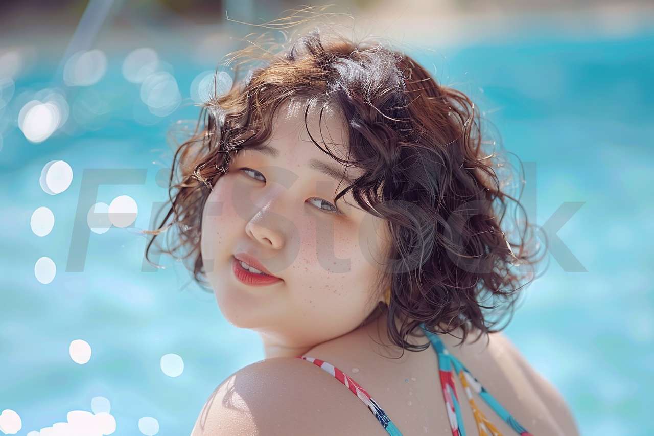 プールで微笑むナチュラルな女性