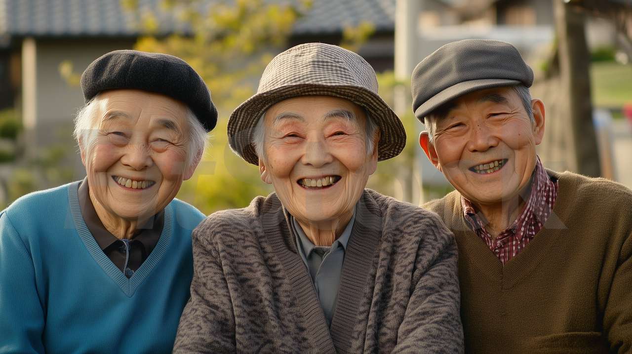 笑顔で寄り添う幸せそうな高齢者の三人組