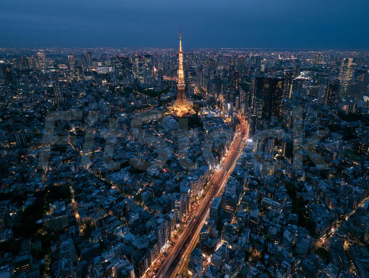 ライトアップされた東京タワーと夜の都市風景