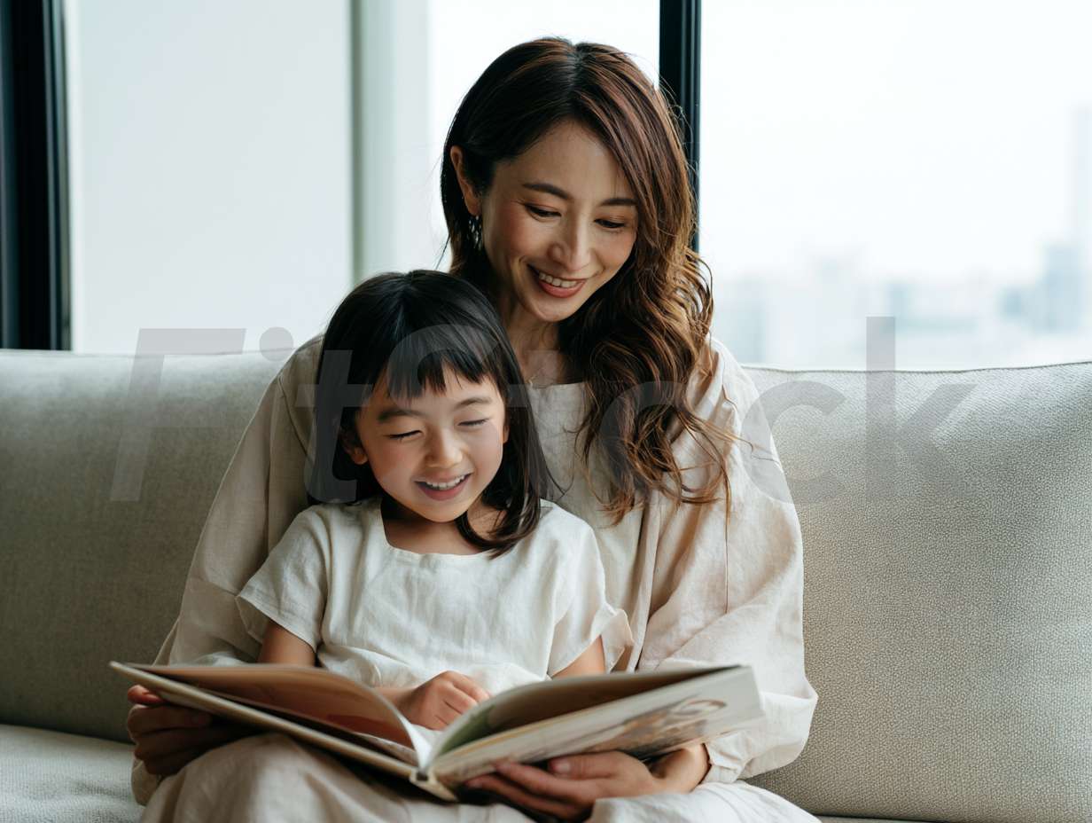 ソファで絵本を読む親子の微笑ましい姿