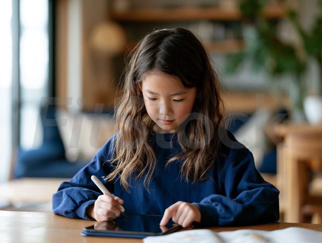 タブレットで勉強する女の子