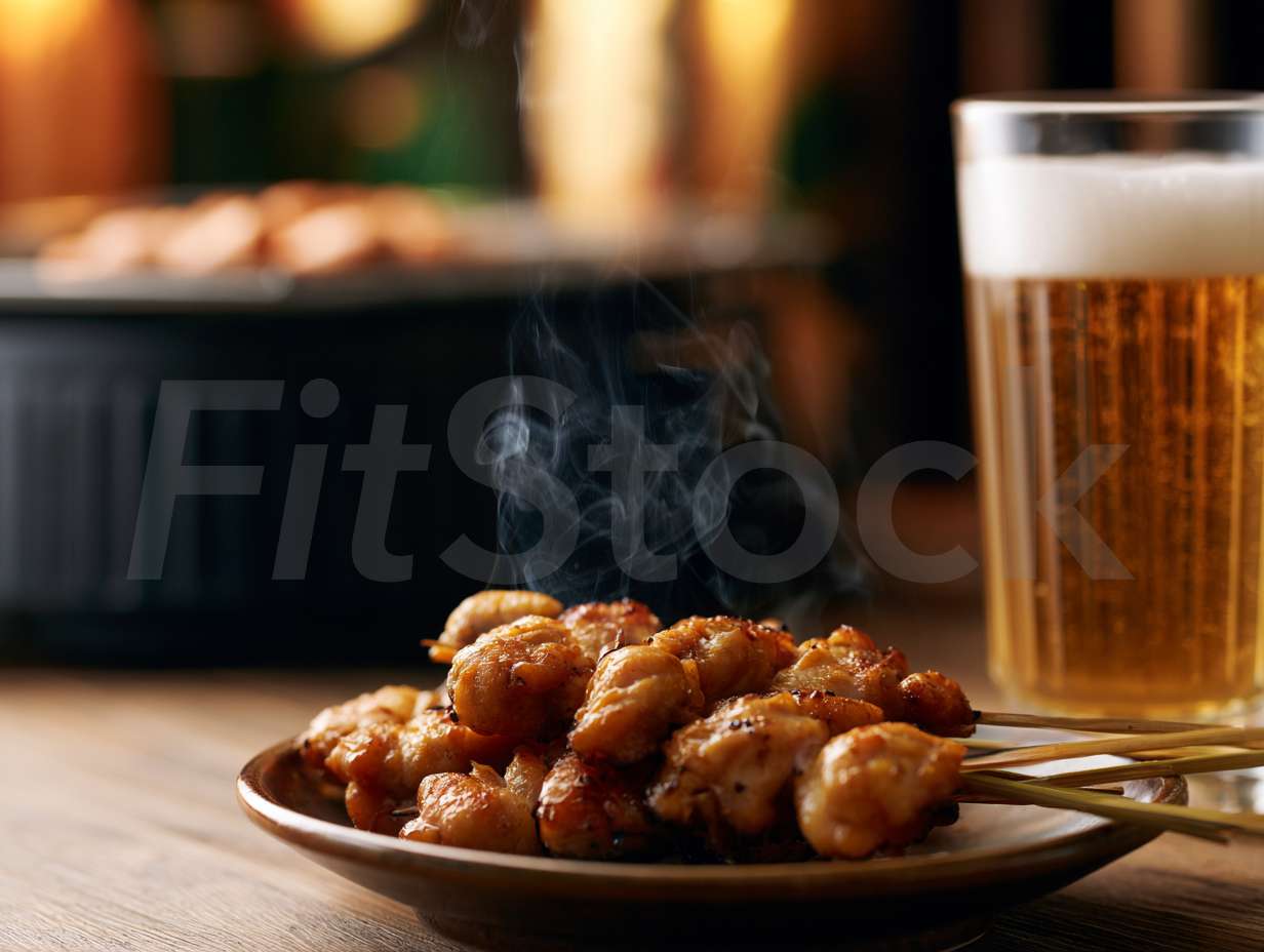 湯気が立つ焼き鳥とビール