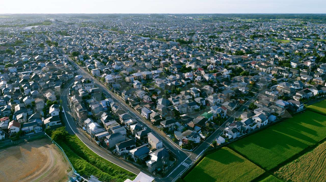 日本の住宅街と田園風景の空撮