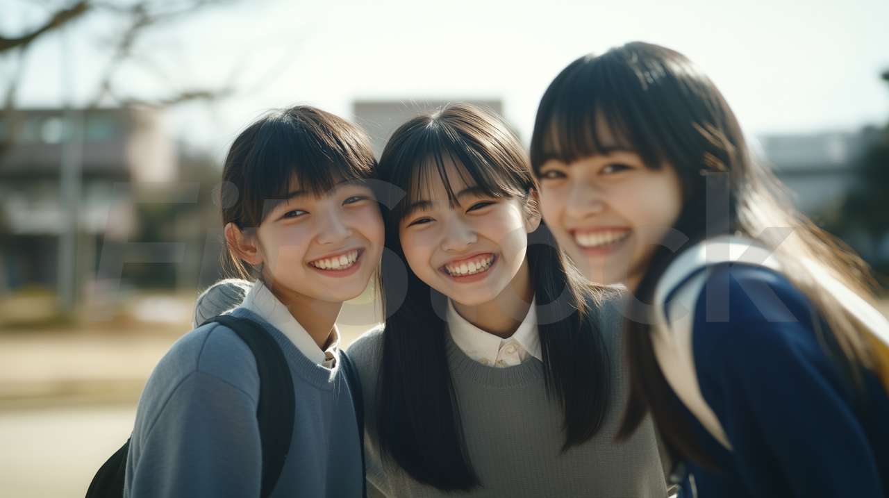 制服を着て笑顔で寄り添う3人の女子学生