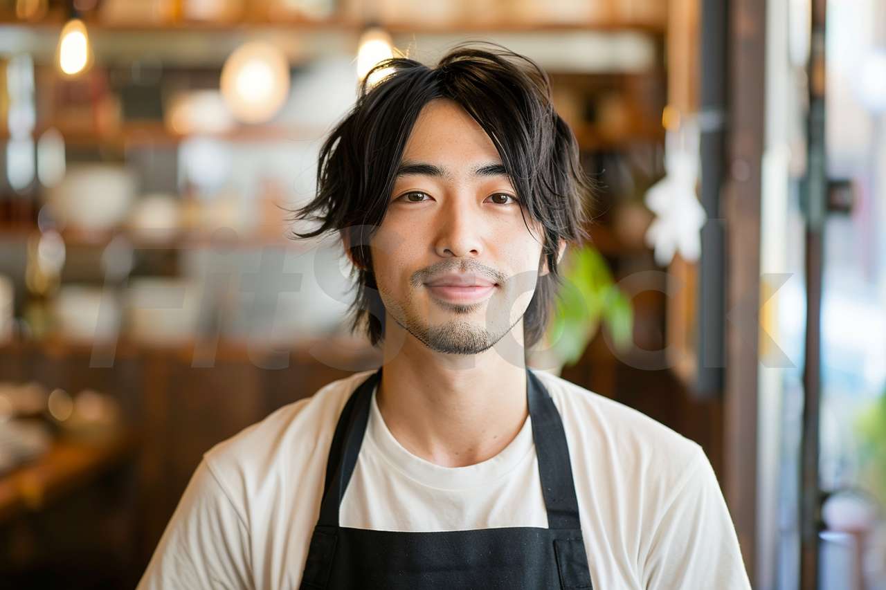 カフェで働く若手男性スタッフのポートレート