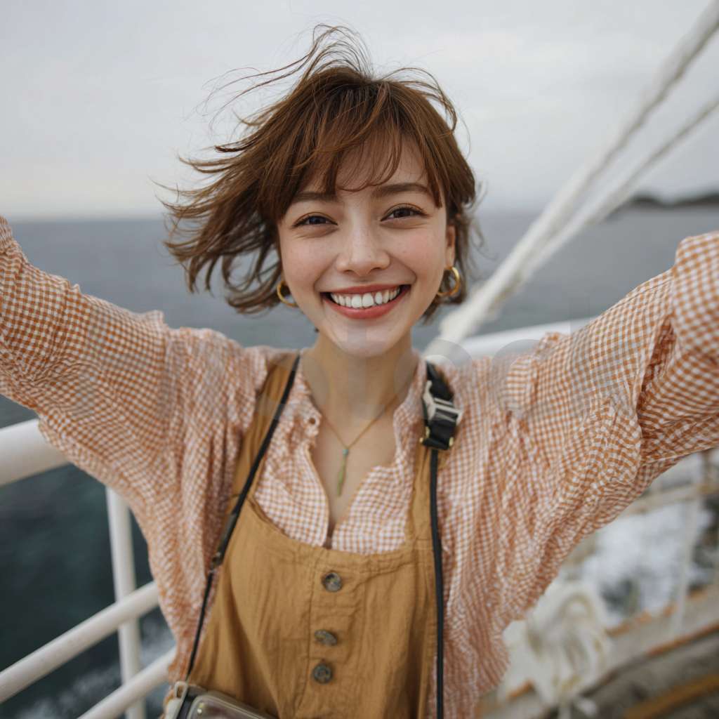 船の上で笑顔を見せる楽しそうな女性