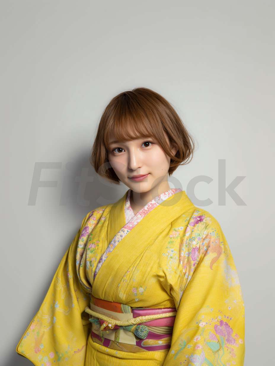 黄色い着物を着た笑顔の若い日本人女性