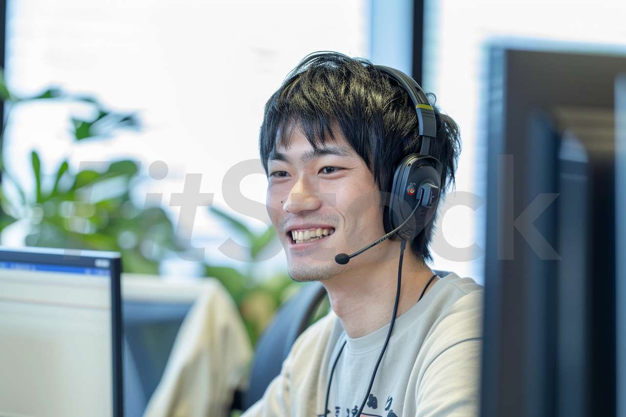 ヘッドセットで通話する笑顔の男性オペレーター