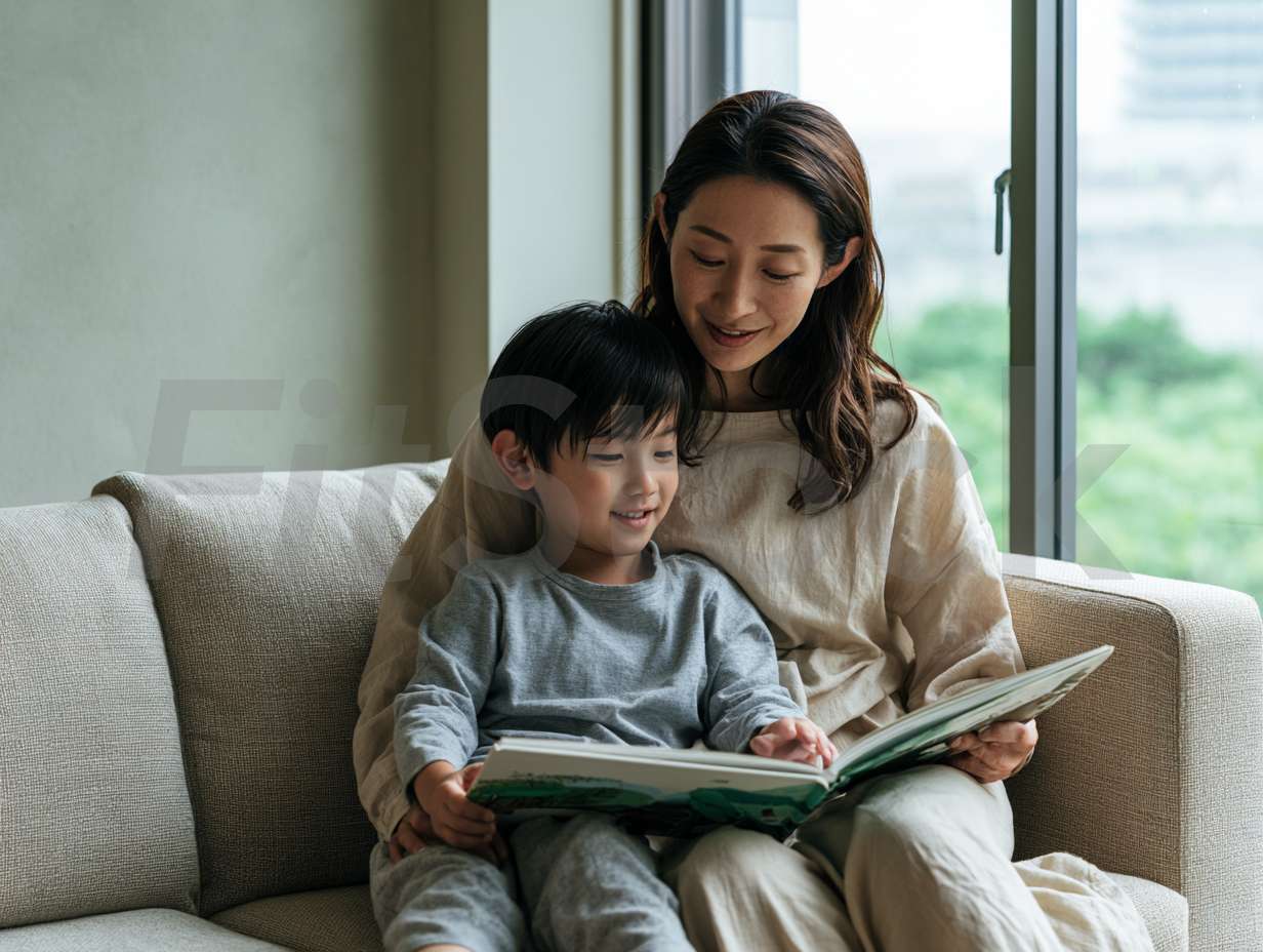 リビングで絵本を読む母と子