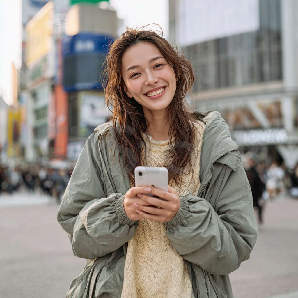 街中でスマートフォンを見る笑顔の若い女性