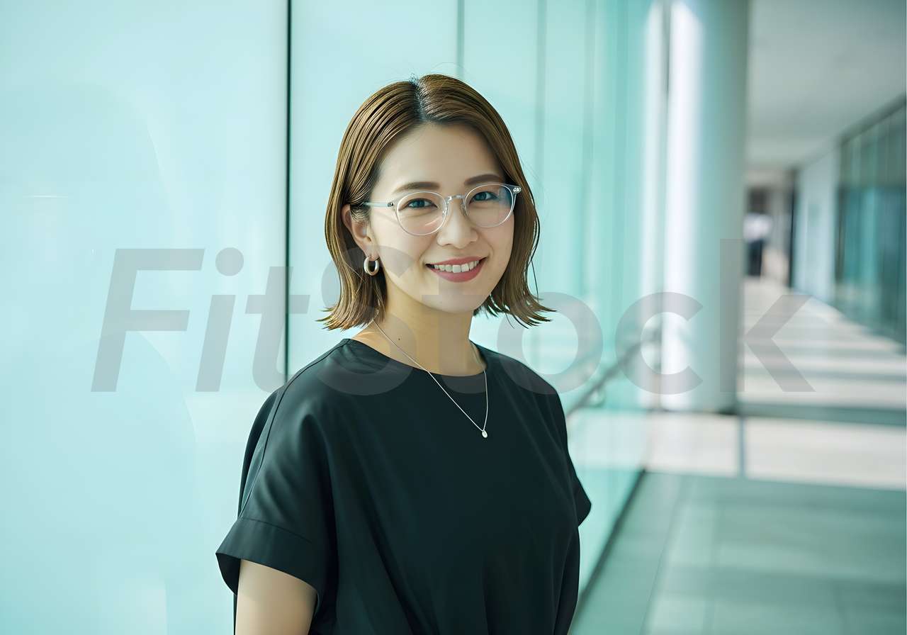 オフィスで微笑むメガネをかけた日本人女性