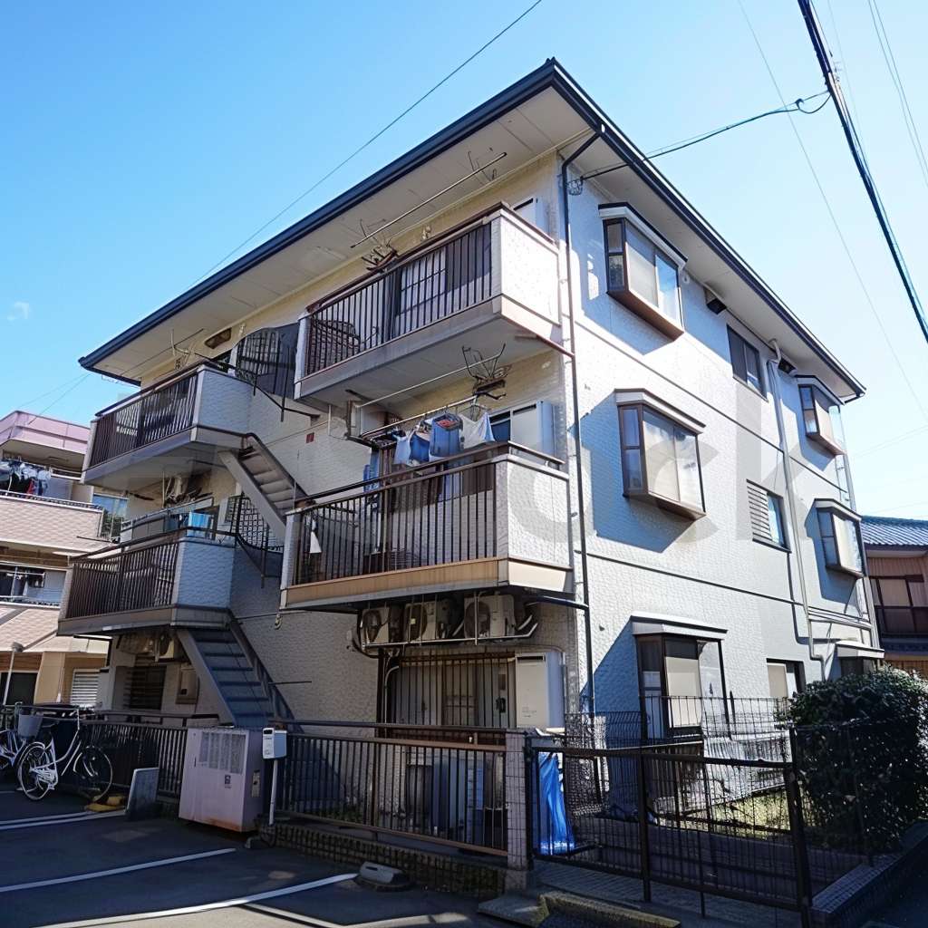 青空の下の日本の一般的な集合住宅