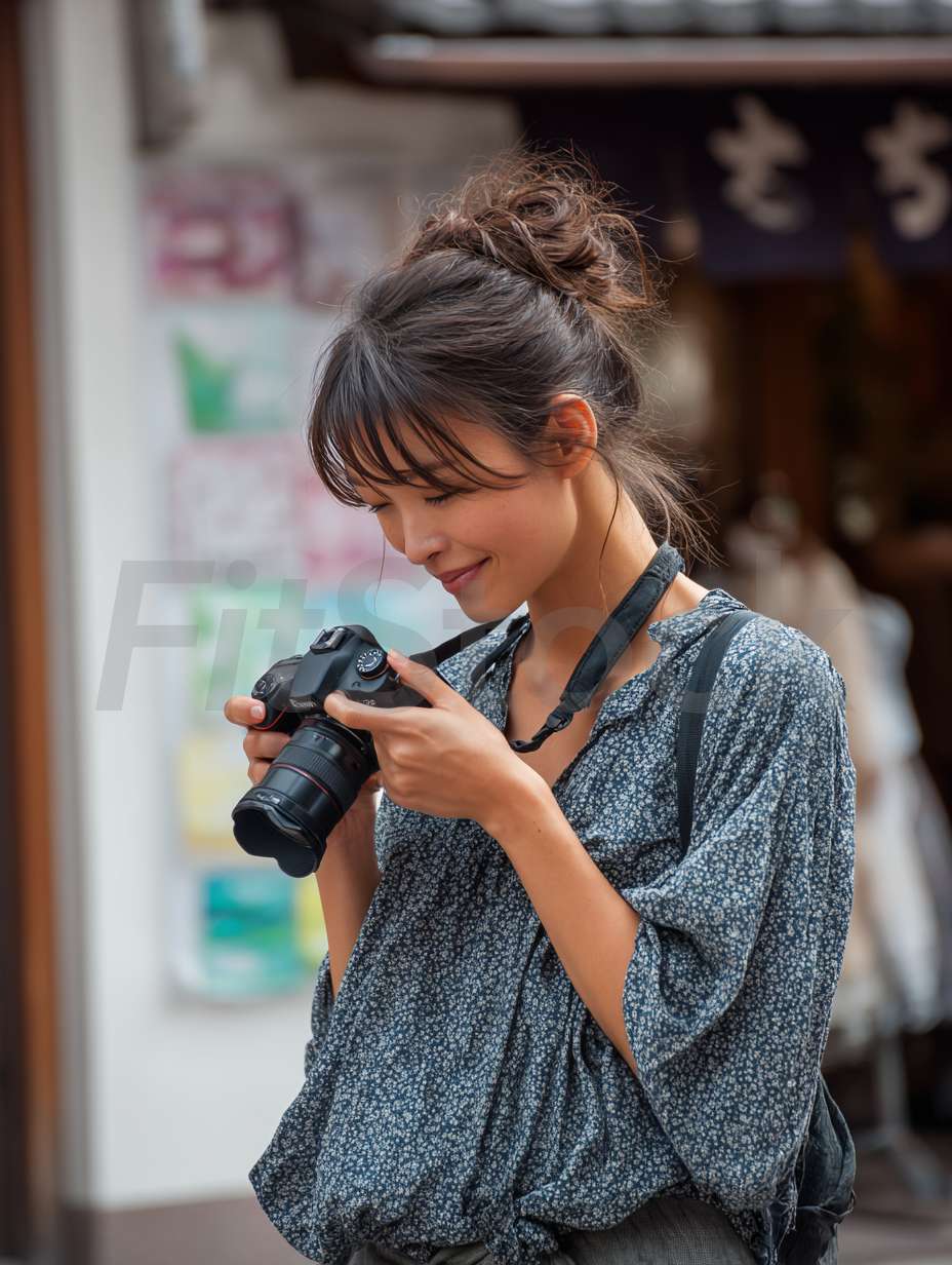 カメラで撮影した写真を確認する女性