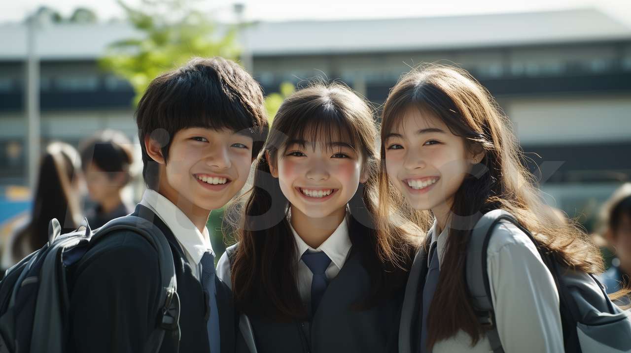 制服を着て笑顔で並ぶ3人の学生