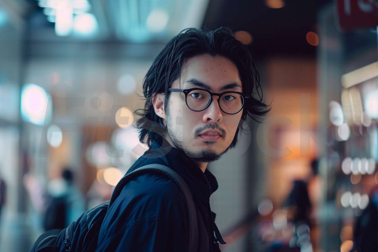 都会の街角で振り返る眼鏡の男性