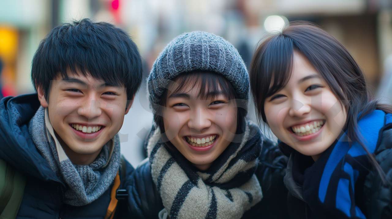冬の装いで笑顔を見せる仲良し3人組