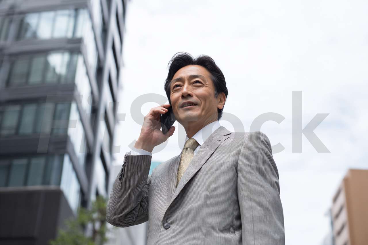 都会でスマートフォンで通話するビジネスマン