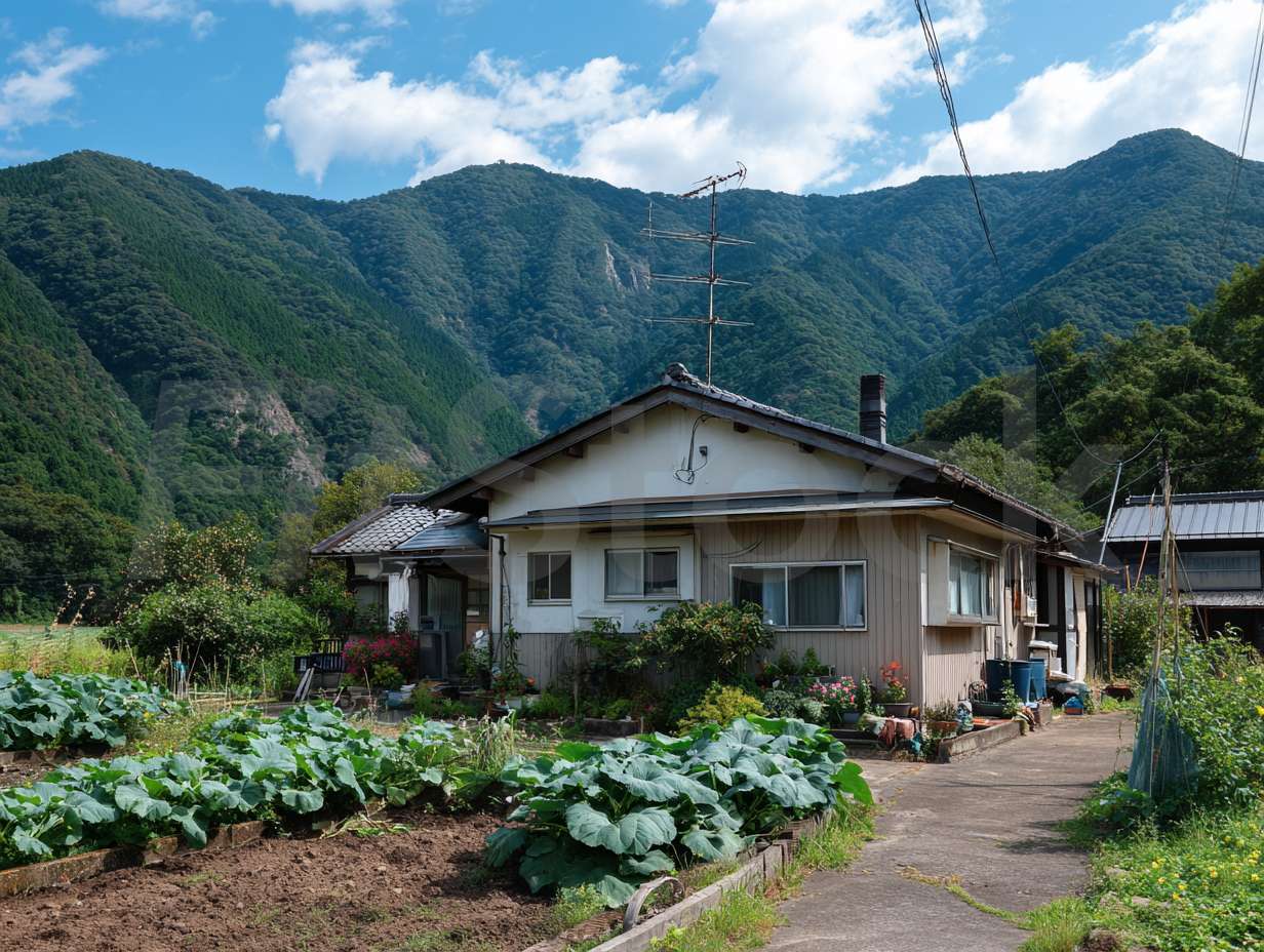 日本の山あいに佇む懐かしい古民家と家庭菜園
