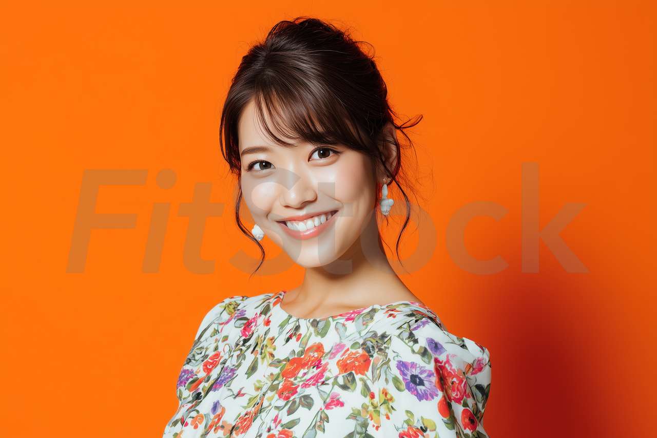 オレンジ背景で笑顔を見せるアジア人女性