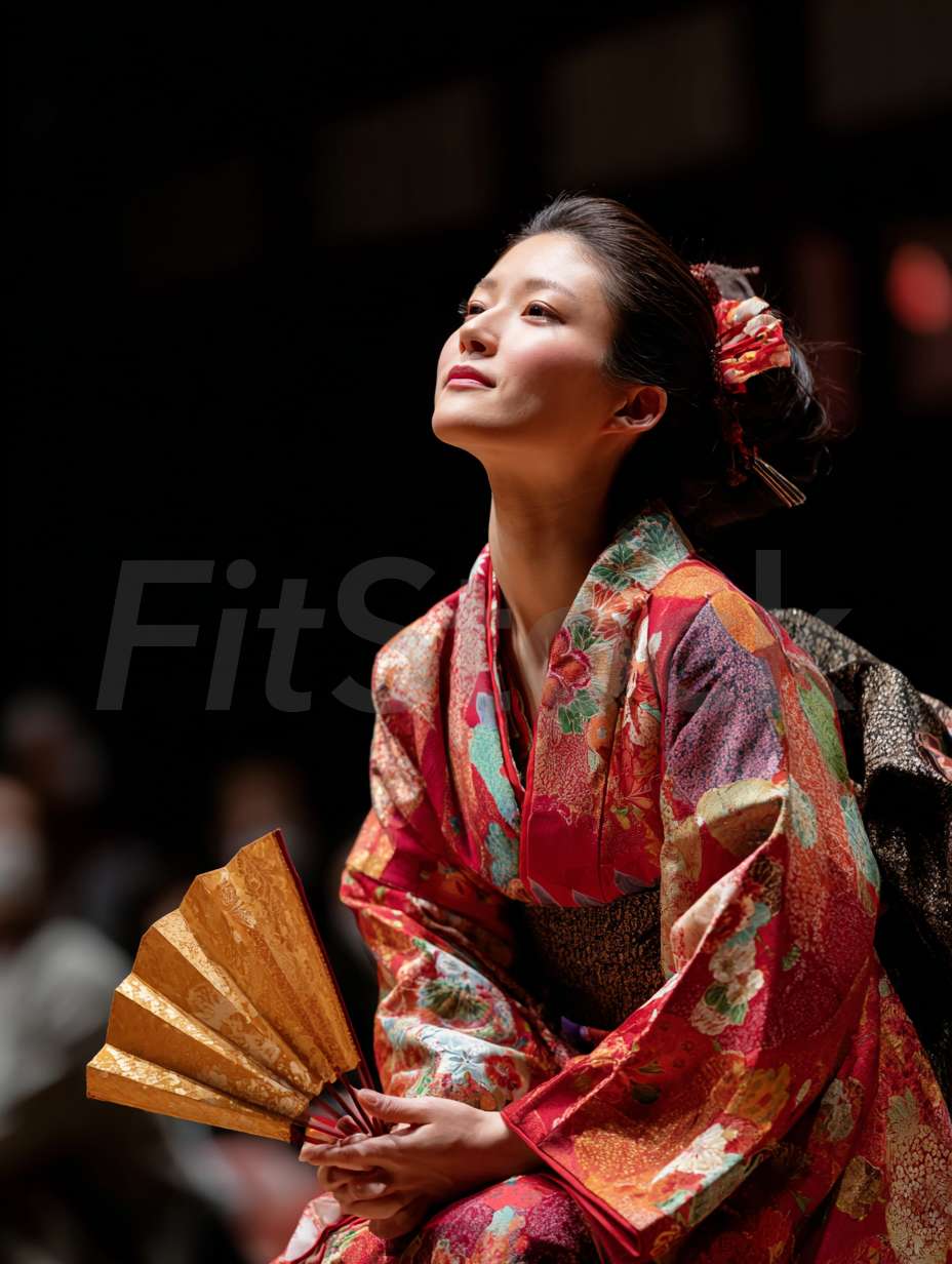 華やかな着物を纏い扇子を持つ日本の女性