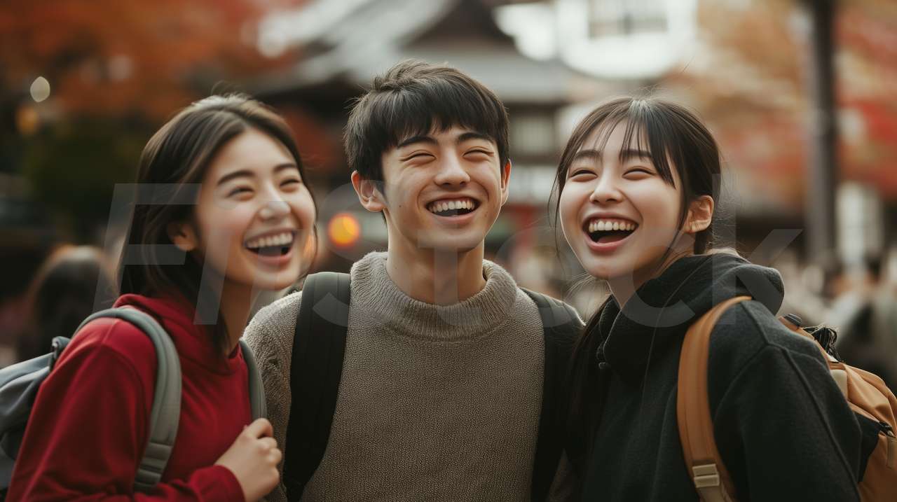 笑顔で談笑する3人の若者たち