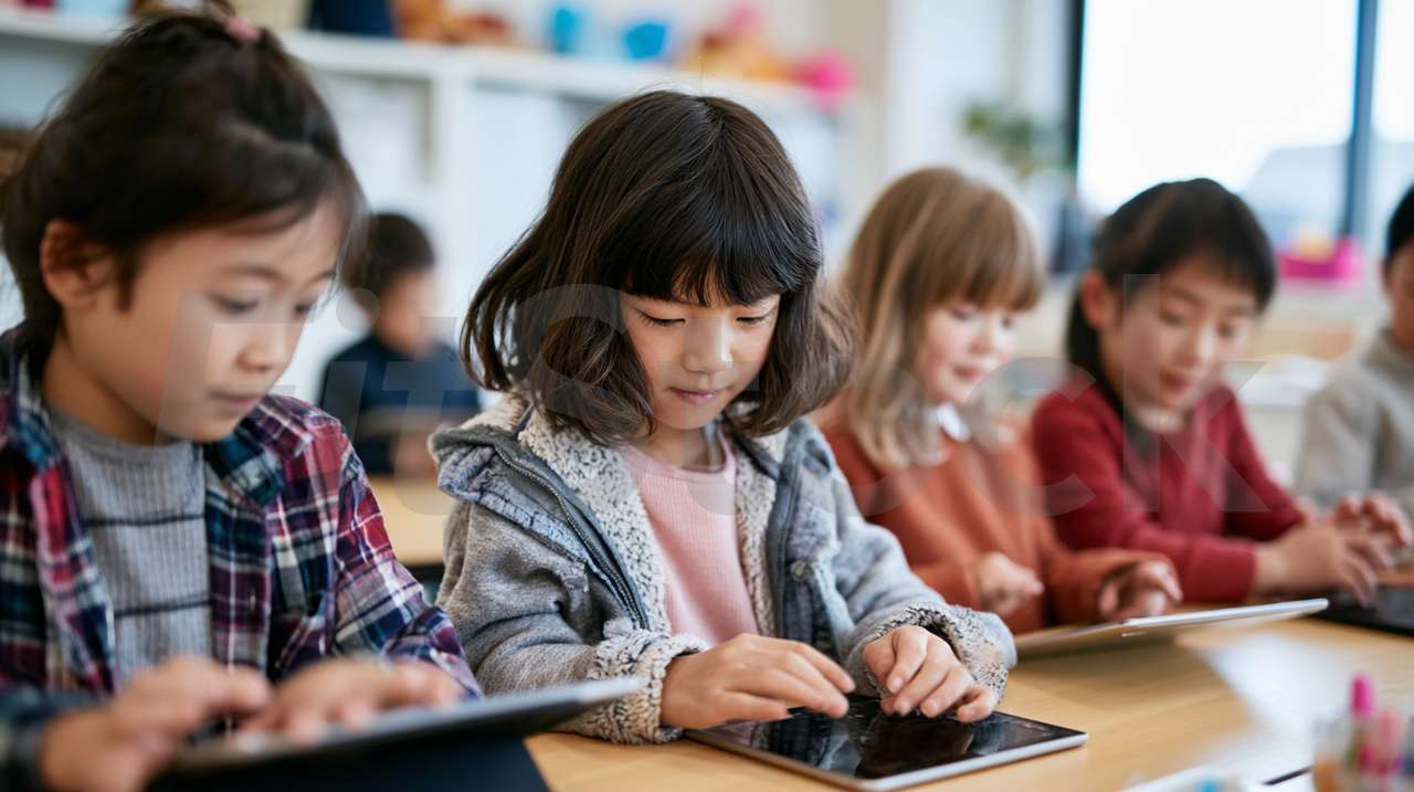 タブレットを使って勉強する子供たち